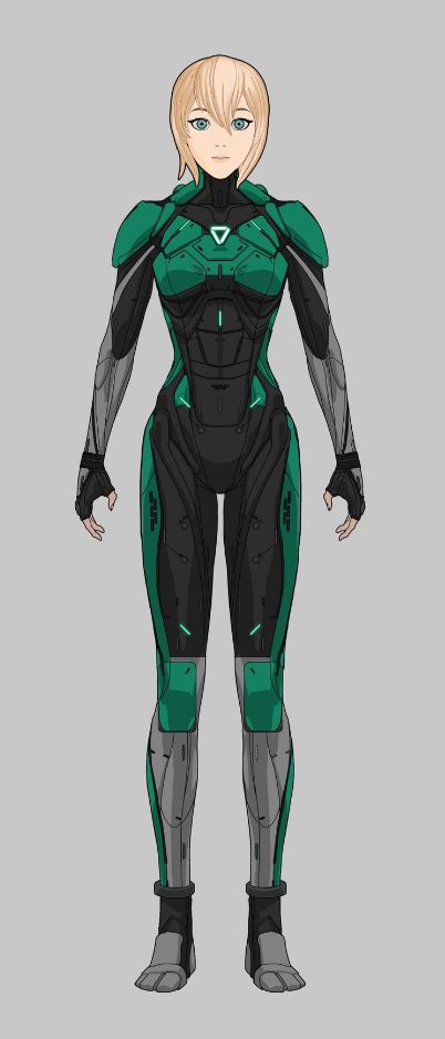 Cameron "Cammie" MacCloud from gen: LOCK in green & black armor suit Green Hero Suit, Green Superhero Suit Female, Scifi Suit, Girls In Suits, Trollhunters Characters, Black Armor, Yellow Aesthetic Pastel, Female Marines, Superhero Suits