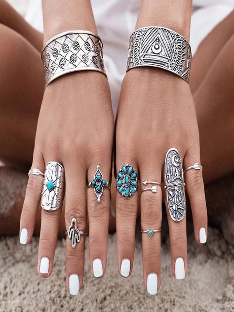 Different Rings, Ring Sets Boho, Knuckle Ring, Punk Vintage, Fake Piercing, Silver Ring Set, Turquoise Boho, Knuckle Rings, Bohemian Rings