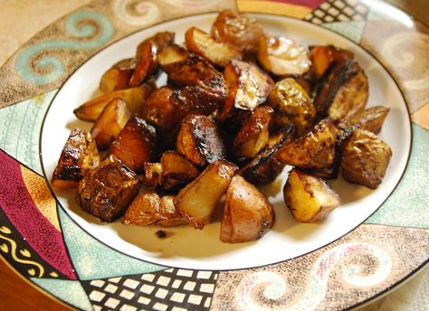 Asian inspired potatoes. These were really good. Asian Potatoes, Sweet Potato Recipes Roasted, Japanese Sweet Potato, Roasted Potato Recipes, Potato Sides, Chicken Pasta Recipes, Cooked Veggies, Potato Dishes, Sweet Potato Recipes