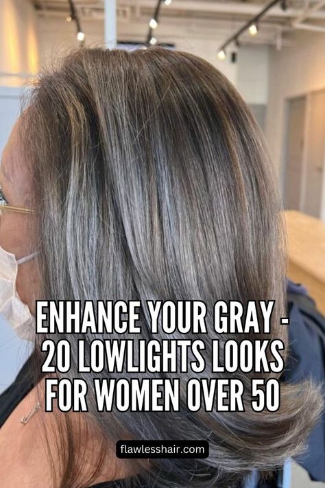 Gray Blending With Lowlights And Highlights Low Light Grey Hair, Highlights And Lowlights To Blend Grey Hair, Dark Highlights On Gray Hair, Ash Blonde To Blend Gray, Dark Highlights On Grey Hair, Highlighted Grey Hair Going Gray, Root Melt Gray Hair, Hair Color That Blends Well With Gray, Gray Blended Highlights