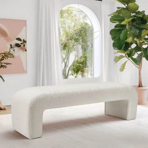 Sadie 47"W Beige Sherpa Storage Bench: Flip-Top Design & Spacious Storage Bench For Closet, All White Apartment, Dreamy Office, Boucle Bench, Waterfall Bench, Large Entryway, Bench Design, Room Bench, Bedroom Redo