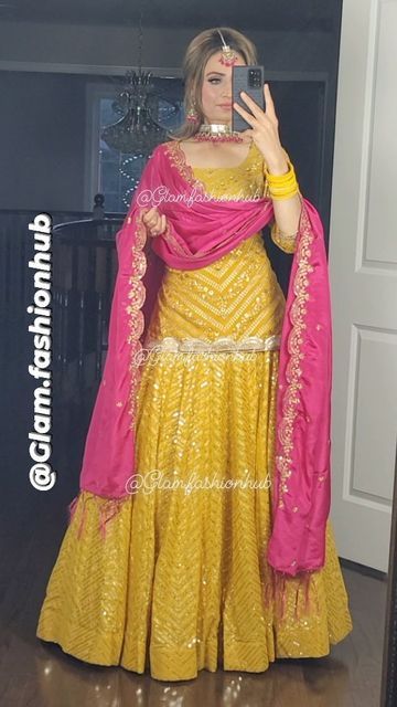 Yellow Heavy Suit, Yellow And Pink Traditional Outfits, Yellow And Pink Outfit Indian, Haldi Organza Dress, Haldi Dress Combination, Yellow Suit With Pink Dupatta, Yellow Sarara Dress Indian Weddings, Lehnga Kurti Designs Latest Punjabi, Jaggo Dress Punjabi