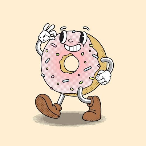 Retro Cartoon Style, Donut Drawing, Donut Cartoon, Donut Logo, Donut Art, Donut Vector, Candy Logo, Vintage Cartoons, Food Cartoon