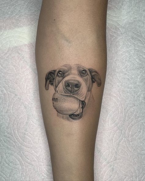 Dog Tattoo Ideas Watercolors, Puppy Portrait Tattoo, Dog Handler Tattoo, Dog And Ball Tattoo, Dog Tattoo Thigh, Dog With Ball Tattoo, Dog Idea Tattoos, Dog Ball Tattoo, Tennis Ball Tattoo Dog