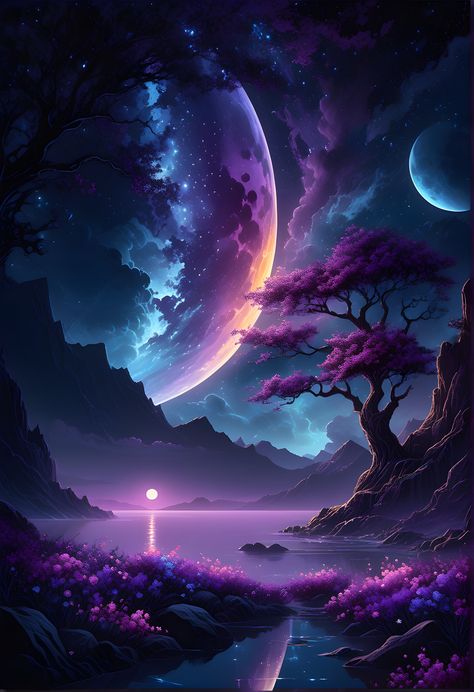 Fantasy  moonshine landscape... Ai genereted  by DasAbra Fantasy Landscape Night, Fantasy Sunset, Landscape Night, Fantasy Architecture, Fantasy Landscape, Architecture