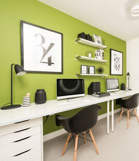 Lime Green Office Decor Ideas, Bright Green Office, Home Office Bright, Lime Green Office, Bright Home Office, Green Office Decor, Green Home Offices, Office Wall Colors, Work Office Ideas