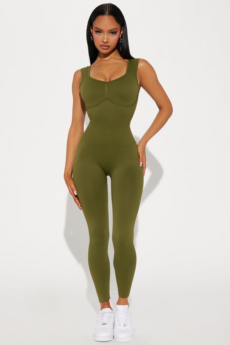 Available In Charcoal And Olive. Active Jumpsuit Scoop Neck Sleeveless Seamless Ribbed Strappy Back Detail Medium Impact Stretch 90% Nylon 10% Spandex Imported | Core Strength Seamless Ribbed Active Jumpsuit in Olive Green size XL by Fashion Nova Brown Jumpsuit, Olive Fashion, Fashion Nova Outfits, Active Wear Outfits, Matching Dresses, Tulum, Set Dress, Jumpsuits For Women, Clothes For Sale