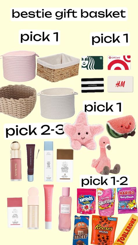 pick your bestie gift basket plz give me credit if you remix it :) #preppy #fyp #birthday #present #viral Bestie Birthday Basket, Bestie Basket Gift Ideas, Bff Birthday Gift Basket, Bestie Gift Basket, Bday Gift Basket, Cute Birthday Baskets, Best Friend Birthday Basket, Birthday Basket For Best Friend, Girly Gift Baskets