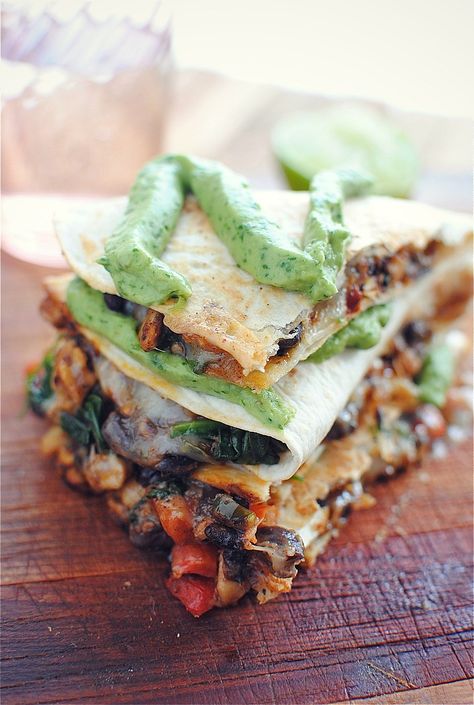 Black bean Tempeh Quesadillas with cilantro cream.   http://bevcooks.com/2012/06/tempeh-and-black-bean-quesadillas/  Delish. Meatless Monday Dinner, Tempeh Recipes, Meat Alternatives, Quesadilla Recipes, Tempeh, Meatless Meals, Quesadillas, Meat Free, Black Bean