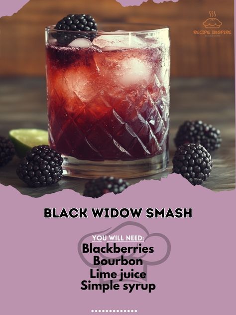 🕷️🍹 Spin a web of flavor with the Black Widow Smash – a wickedly good cocktail that's perfect for your Halloween celebration! 🎃✨ #BlackWidowSmash #HalloweenCocktails Black Widow Smash Ingredients: Blackberries (1/2 cup) Bourbon (1.5 oz) Lime juice (1 oz) Simple syrup (0.5 oz) Club soda (to top) Ice (as needed) Instructions: Muddle blackberries with lime juice and simple syrup. Add bourbon and ice, then top with club soda. Unleash the Black Widow Smash – a dangerously delicious cocktail th... Black Widow Cocktail, Crown Drink, Bride Quotes, Bourbon Cocktail, The Black Widow, Cocktail Drinks Alcoholic, Bourbon Cocktails, Halloween Cocktails, Whiskey Drinks