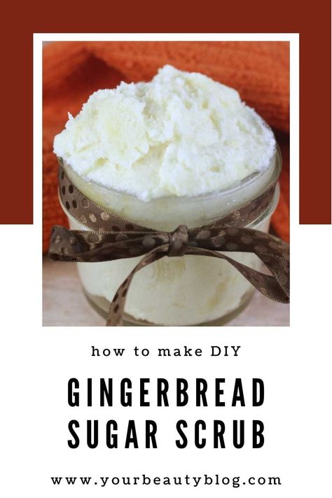 How to make an emulsified gingerbread sugar scrub recipe.  Use this body scrub recipe to exfoliate for softer skin. It's emulsified, so it turns into a lotion when you rinse it off. It's made with essential oils to make a gingerbread scent. This homemade DIY body scrub is easy to make and makes a great gift! #gingerbread #sugarscrub Gingerbread Scrub, Lotion Business, Whipped Sugar Scrub Recipe, Gingerbread Sugar Scrub Recipe, Diy Christmas Body Scrubs, Emulsified Sugar Scrub Recipe, Gingerbread Sugar Scrub, Holiday Sugar Scrubs, Sugar Scrub Diy Peppermint