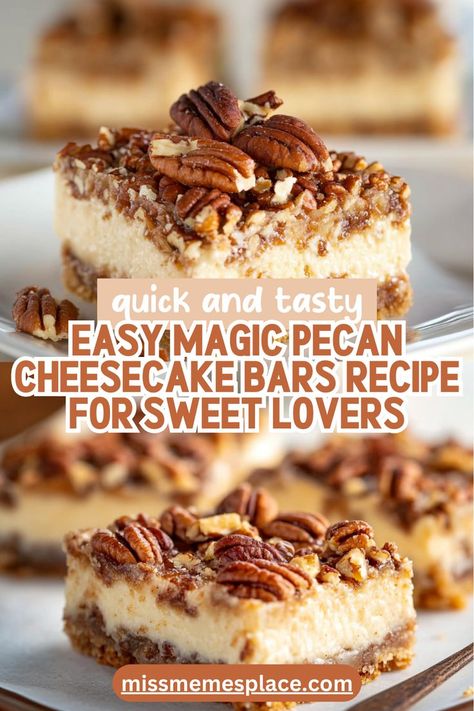 Calling all dessert enthusiasts! Our Magic Pecan Cheesecake Bars are a must-have for your recipe collection. Featuring a velvety cream cheese filling layered over a crumbly crust and topped with toasted pecans, these bars offer a symphony of flavors and textures in every bite. Ideal for meal prep, you can make them ahead and store them in the fridge for a quick sweet fix anytime. Follow our easy step-by-step guide and indulge in this creamy pecan cheesecake delight that everyone will love! Pecan Pie Cream Cheese Bars, Pecan Cream Cheese Bars, Cheesecake Pecan Bars, No Bake Caramel Pecan Cheesecake, Easy Pecan Pie Cheesecake Bars, Caramel Pecan Cheesecake Bars, Pecan Pie Cheesecake Recipe Easy, Cream Cheese Pecan Bars, Pecan Cheesecake Bites