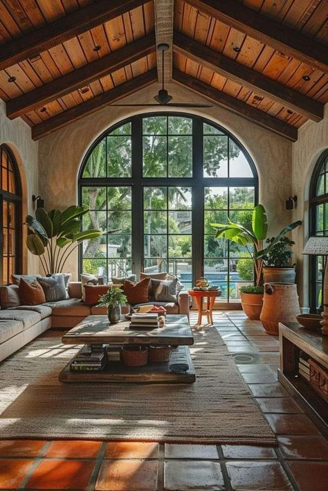 Terracotta Tiles Living Room, Terracotta Vibes, Hacienda Living Room, Medditeranean Style Home, Arizona Vibes, Parisian Apartment Style, Spanish Style Living Room, Mediterranean House Interior, Mediterranean Room