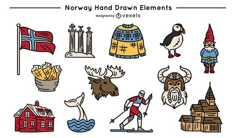 Hand Drawn Norway Colored Elements Set #AD , #Norway, #Drawn, #Elements, #Set, #Hand Norway Tattoo Ideas, Norway Drawing, Norway Illustration, Norway Tattoo, Norway Watercolor, Norway Road Trip Map, Norway Culture, Norway Wallpaper, Moods Of Norway