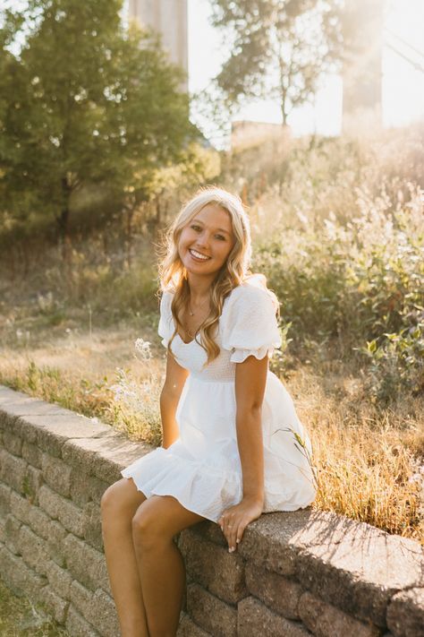 blonde girl in a white dress in a field during golden hour Senior Pic Inspo, Field Senior Pictures, Senior Pictures Dresses, Senior Year Pictures, Cute Senior Pictures, Senior Photoshoot Poses, Summer Senior Pictures, College Senior Pictures, Pic Inspiration