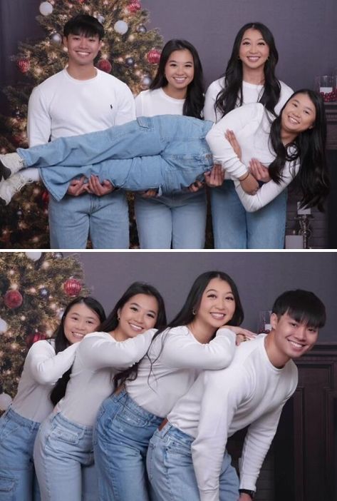 Funny Christmas Portraits, Pj Family Christmas Pictures, Funny Kids Christmas Pictures, Cringey Christmas Photos, Christmas Family Photos Funny, Christmas Photoshoot Ideas Siblings, Cheesy Sibling Photos, Cringy Jcpenney Pictures, Cheesy Christmas Photos