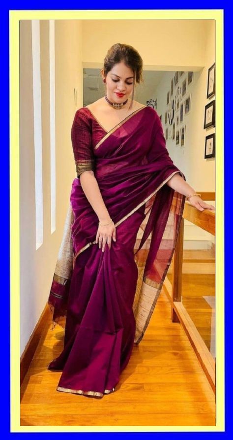 Orang India, Saree Wearing Styles, Sarees For Girls, Simple Saree Designs, Cotton Saree Designs, Beautiful Sarees, Gaun Fashion, Cotton Silk Saree, Sari Blouse Designs