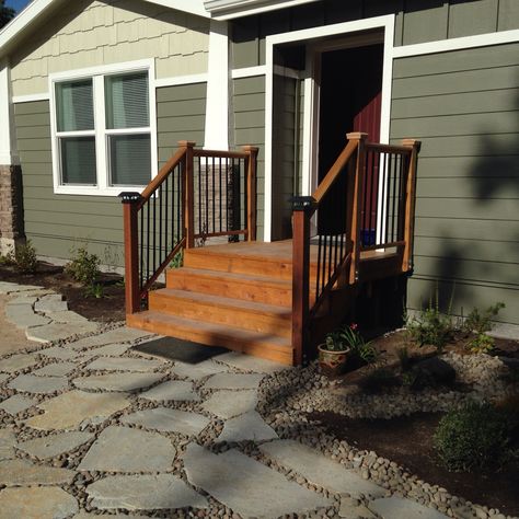 Simple Front Steps Ideas, Front Porch Steps Wooden, Entryway Deck Front Entrances, Front Walkway And Steps Ideas, Small Front Porch On Mobile Home, Wooden Front Stairs Entrance, Small Porches For Mobile Homes, Small Front Porch With Steps, Small Porch With Steps