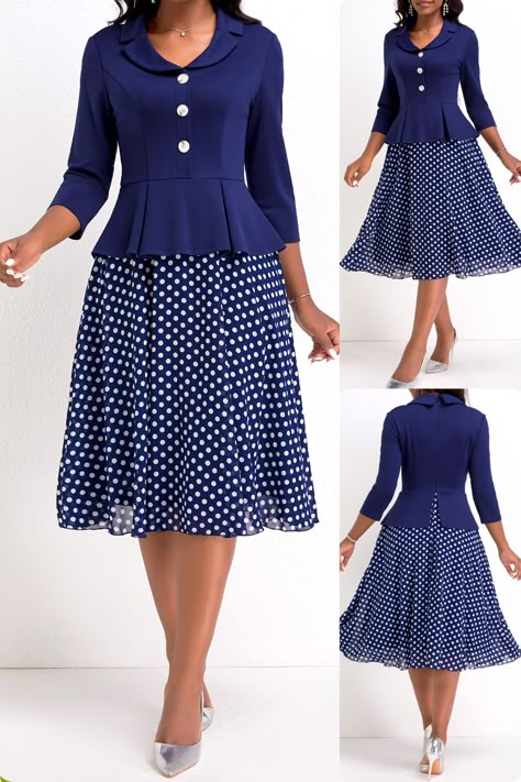 English Tops Styles, 2 Piece Dress Formal, Ankara Shift Dress, Corporate Gowns, Dresses For Church, Lapel Dress, Hope Fashion, Vintage Polka Dot Dress, Elegant Dresses Short