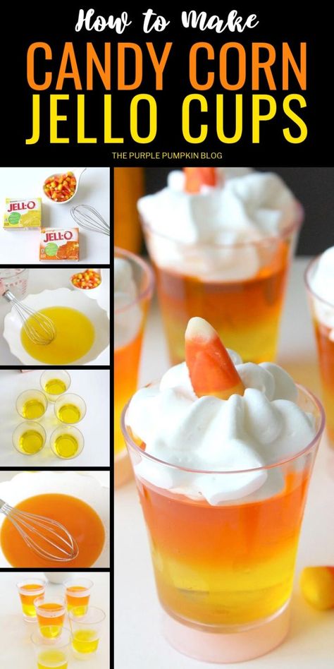 These Candy Corn Jello Cups are a fun Halloween dessert and so easy to make! Using the color of candy corn as inspiration, jello is layered into shot glasses and topped off with whipped cream and a piece of candy. Make a tray full of these candy corn desserts for your Halloween party! #candycornjellocups #thepurplepumpkinblog #candycorn #halloweendesserts #jellodesserts Candy Corn Jello Cups, Candy Corn Fruit Cups, Mini Jello Cups, Candy Corn Jello Shots Recipe, Jello Halloween Ideas For Kids, Jello Cups Ideas Parties, Halloween Jello For Kids, Jello Cups For Kids, Easy Halloween Party Dessert