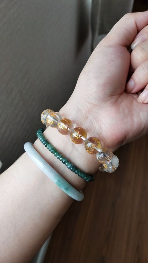 Myanmar Jade Bangle & Bracelet with Clear Quartz Mantra Bracelet Crystals Bracelets, Jade Bangle Bracelet, Mantra Bracelet, Beads Bracelets, Jade Bangle, Crystal Bracelets, Myanmar, Clear Quartz, Bangle Bracelet