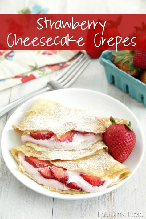 Strawberry Cheesecake Crepes - Make and freeze the crepes ahead of time for an easy, but impressive brunch for Easter or Mother's Day! #easter #mothersday Strawberry Crepe Filling, Cheesecake Crepes, Cream Cheese Crepe Filling, Strawberry Crepes Recipe, Strawberry Cheesecake Filling, Strawberry Cream Cheese Filling, Stuffed Crepes, Sweet Crepes Recipe, Homemade Crepes