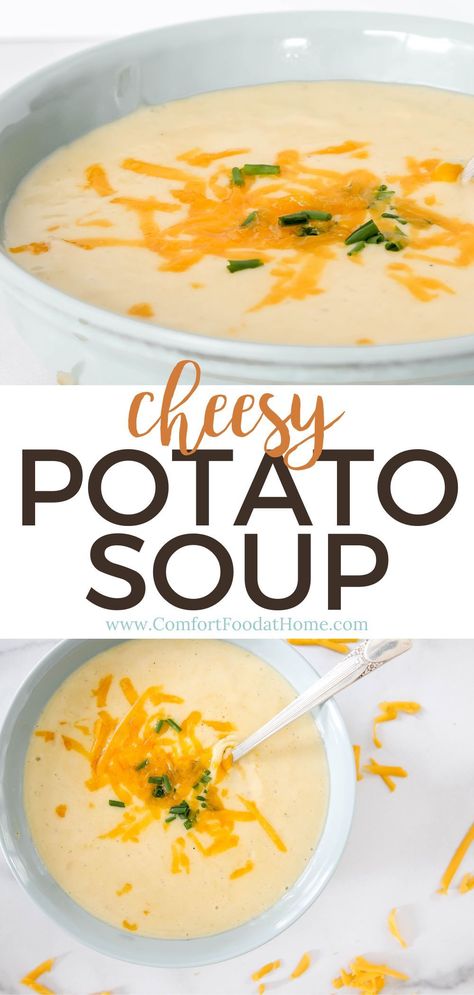 Cheesy potato soup is a creamy, comforting dish that's perfect for cold winter days. This simple soup recipe combines potatoes and cheddar cheese (along with other delicious ingredients) to create a tasty and hearty meal that can be made in under 45 minutes! So if you're looking for an easy weeknight dinner or lunch option - cheesy potato soup is the way to go! Cheesy Potato Soup Easy, Cheesy Potato Soup Recipe, Vegetable Potato Soup, Creamy Cheesy Potatoes, Cheesy Potato Soup, Canned Potatoes, Simple Soup, Cheesy Potato, Food At Home