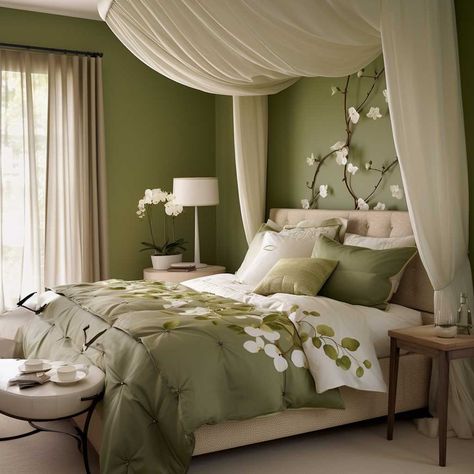 Beautiful Bedroom Color Ideas, Green Bedroom Interior Design, Green Bedroom Interior, Bedroom Color Ideas, Beautiful Bedroom Colors, Brown Curtains, Green Lamp Shade, Silk Curtains, Velvet Headboard