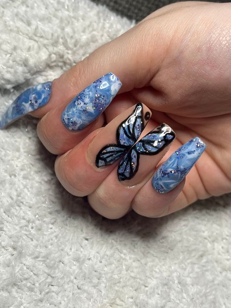 Custom made press on nails. These nails are not for sale there just posted to set Up my shop Marble Butterfly Nails, Dark Blue Nails Butterfly, Silver And Blue Butterfly Nails, Nail Art Papillon, Blue Clear Butterfly Nails, Butterfly Nail Art, Butterfly Nail, Great Nails, Inspirational Wallpapers