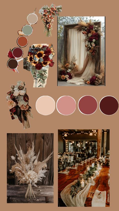 Warm main colors with pastel cool accents Brown Theme Wedding Color Schemes, Boho Wedding Theme Color Palettes, Boho Color Palette Wedding, Wedding Color Pallet Ideas Fall, Fall 2025 Wedding Colors, Backyard Wedding Color Scheme, Rustic Color Palette Wedding, Rustic Fall Wedding Color Schemes, Fall Wedding Color Pallets