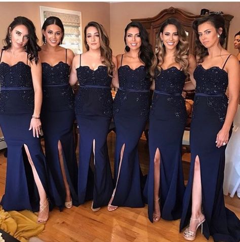 Bridal party inspo Dark Navy Blue Bridesmaid Dresses, Navy Blue Bridesmaid Dress, Maid Of Honor Dresses, Navy Blue Bridesmaid, Dress For Wedding Party, African Bridesmaid Dresses, Dresses With Appliques, Spaghetti Strap Bridesmaids Dresses, Mermaid Bridesmaid