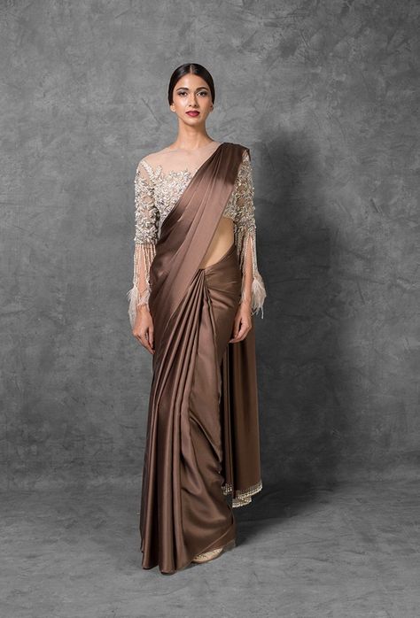 30 Latest Saree Blouse Designs That You Must Try In 2020 Plain Satin Saree With Designer Blouse, Brown Saree Combination Blouse, Chocolate Colour Saree, Brown Satin Saree, Shadi Dress, Plain Sarees, Saree Jacket Designs, Latest Saree Blouse, Saree Jackets