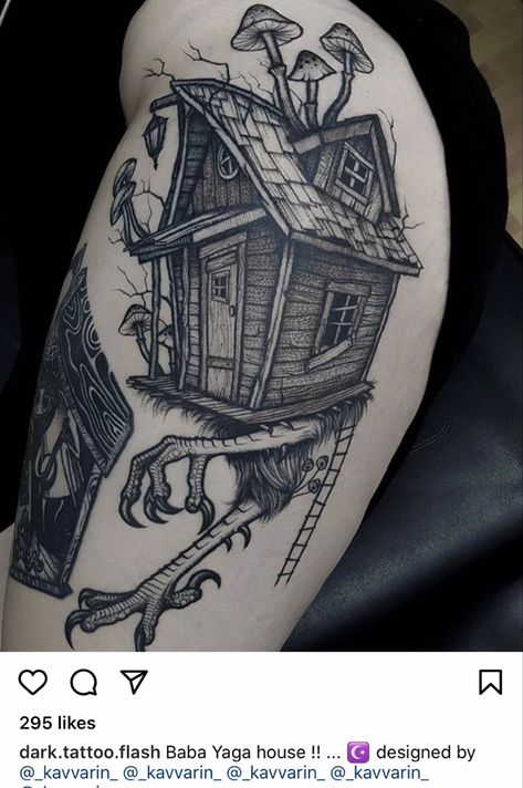 Witch House Tattoo, Tree House Tattoo, Treehouse Tattoo, Gothic Cottage Core Tattoo, Treehouse Of Horror Tattoo, Cottage Tattoo, Cute Haunted House Tattoo, Spooky House Tattoo, Baba Yaga Tattoo