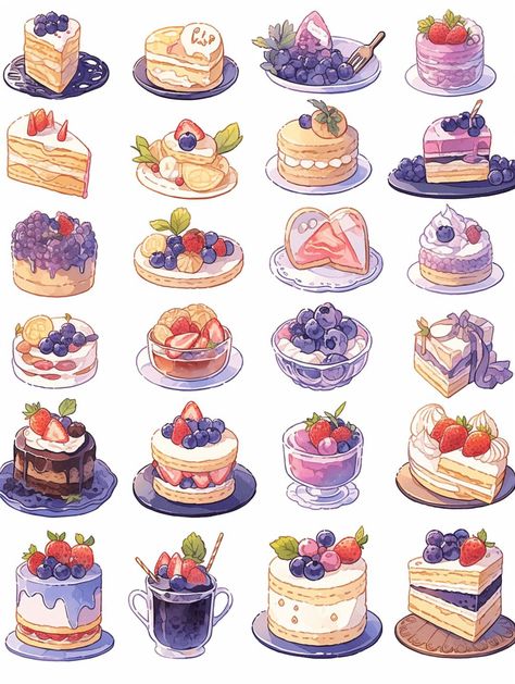 Dessert Art Drawing, Drawings Pixel, Dessert Drawings, Cute Food Illustration, Watercolor Food Illustration, Desserts Drawing, Dessert Illustration, 귀여운 음식 그림, Food Drawings