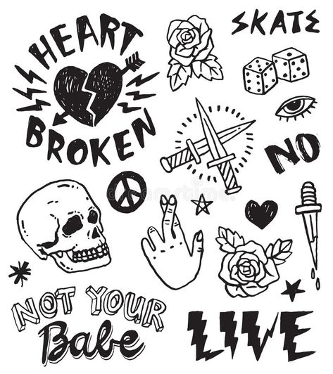 A set of retro punk inspired grunge doodles royalty free illustration Grunge Doodles, Punk Tattoo, Grunge Tattoo, Tattoo Flash Sheet, Doodle Tattoo, Poke Tattoo, Punk Inspiration, Retro Punk, Aesthetic Tattoo