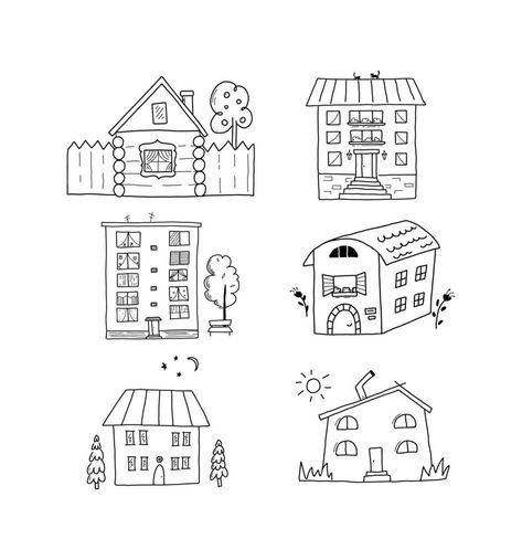 Simple houses doodle set. A collection of black and white urban and rural houses isolated on a white background in a hand-painted style House Doodles Simple, Houses Doodle, Doodle Houses, Simple House Drawing, Rural Houses, House Doodle, Vector Frame, Rural House, Doodle Lettering