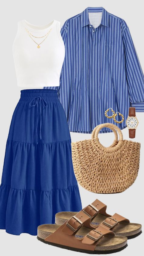 #greece #greeceoutfits #summer #outfitinspo #summeraesthetic #summeroutfit #blue #skirt #vacationoutfits #modestfashion #beachoutfit #blueaesthetic #royalblue #churchoutfit Beach Outfits Casual, Early Spring Outfits Casual, Outfit Ideas 2024, Modest Casual Outfits, Skirt Inspiration, Spring Trends Outfits, Modesty Outfits, Cute Modest Outfits, Everyday Fashion Outfits