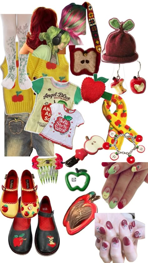 apple outfit Apple Outfit Ideas, Aesthetic Artsy Outfits, Apple Outfits, Apple Outfit, Fruits Board, Apple Clothes, Puppet Character, Twee Style, Style Nanda