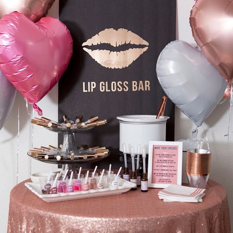 Lip Gloss Bar, Lip Gloss Recipe, Favor Display, Gloss Diy, Spa Day Party, Natural Lip Gloss, Shimmer Lip Gloss, High Shine Lip Gloss, Diy Lip Gloss