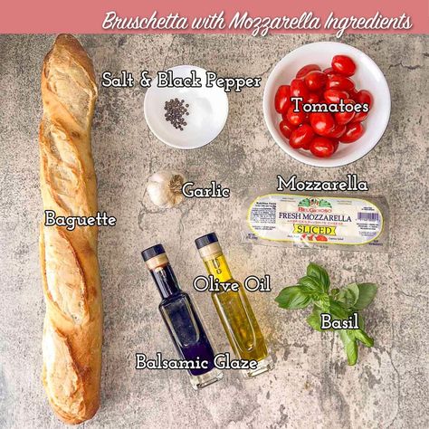 Meals With Bruschetta, French Bread Bruschetta, Italian Mozzarella And Tomatoes, Bruschetta Mozzarella Balsamic Vinegar, How To Make Bruschetta Bread, Mozarella Tomato Bruschetta, Caprese On Baguette, Caprese Bread Appetizers, Bread With Tomatoes On Top