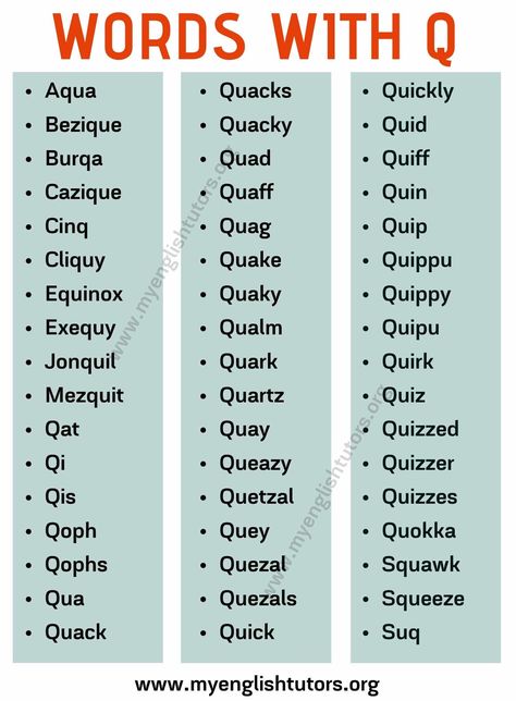 Words With Q: List of Common English Words with The Letter "Q" - My English Tutors Scrabble Tips, Q Words, Best Scrabble Words, Words With Q, Common English Words, Scrabble Words, Scrabble Game, Words With Friends, Essay Writing Skills