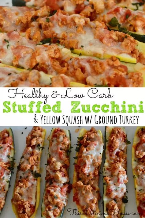 Stuffed Zucchini Boats with lean ground turkey. Healthy, low-carb, low-calorie and so easy to make, don't miss these delicious Stuffed Zucchini Boats with Yellow Squash filled tasty Italian flavors.  #weeknightdinner #easyrecipe #healthy #lowcarb #lowcalorie #parenting #zucchini #stuffedzucchini #yellowsquash #groundturkey #healthyitalian Ground Turkey Healthy, Zucchini Boats Healthy, Zucchini Zoodles, Turkey Zucchini, Stuffed Zucchini Boats, Yellow Squash Recipes, Healthy Ground Turkey, Healthy Italian, Stuffed Zucchini