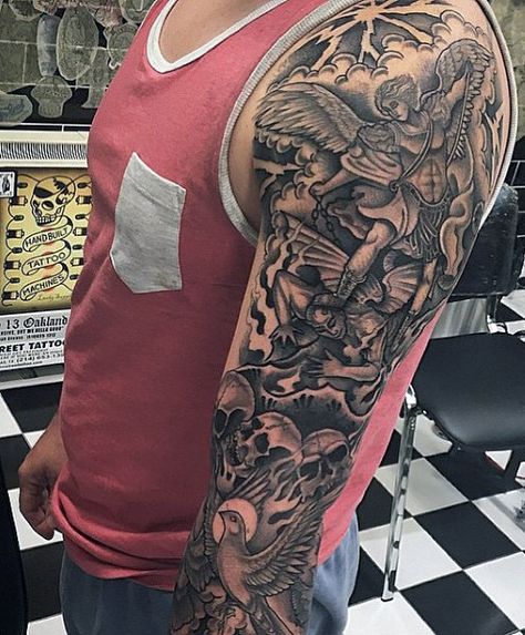 75 St Michael Tattoo Designs For Men - Archangel And Prince Saint Michael Tattoo, Religous Tattoo, Armor Of God Tattoo, St Michael Tattoo, Michael Tattoo, Archangel Tattoo, Wild Tattoo, Religious Tattoos, Tattoo Arm