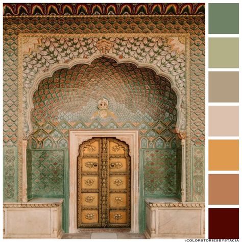 Sage + Bronze 🫶 Rose gate door at the City Palace Jaipur. ⁠📷️: @giovannaphotography⁠ Jaipur City Palace, Rose Gate, Jaipur Palace, City Palace Jaipur, Jaipur City, Gate Door, Door Colors, Green Gate, Color Story