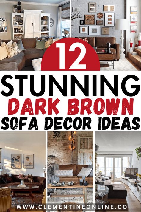 12 Clever ways to Style Your Dark Brown Sofa - Clementine Online Coffee Brown Couch Living Room Ideas, Dark Brown Leather Sofa Styling, Dark Brown Leather Sofa Living Room Grey Walls, Living Room Designs With Dark Brown Sofa, Dark Brown Leather Sofa Decor Ideas, Dark Brown Sofas Living Room Decor, Brown Couch White Walls, Dark Brown Couch Decor, Dark Brown Couch Pillow Ideas