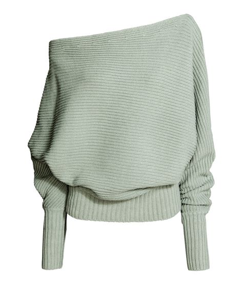 Check this out! Wide jumper knitted in a soft cotton blend in an asymmetric style with a wide neckline leaving one side off-the-shoulder and dolman sleeves. Ribbing at the cuffs and hem. - Visit hm.com to see more. Classy Tops, Hm Outfits, Off The Shoulder Jumper, Open Shoulder Sweater, Baggy Sweaters, Green Knit Sweater, Dolman Sleeve Sweater, Asymmetrical Sweater, Dolman Sleeve Tops