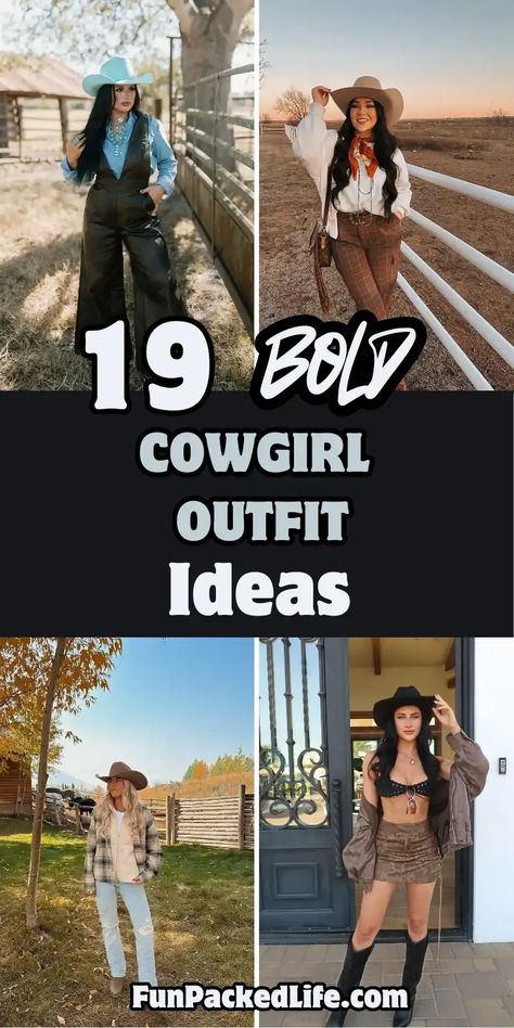 Image features four bold cowgirl outfit ideas for women with the text "19 Bold Cowgirl Outfit Ideas" displayed in bold typography. Outfits include classic denim with leather overalls, plaid trousers with chic scarves, cozy flannel paired with ripped jeans, and a modern twist with a cropped top and mini skirt. Each look is accessorized with wide-brimmed hats, boots, and Western-inspired elements, blending rustic charm with contemporary style. Cowgirl Outfits With Tshirt, Cowgirl Classy Outfit, Cowboy Hat And Sneakers Outfit, Vintage Western Shirt Outfit, Black Cowgirls Fashion, Cowgirl Outfits Brown Boots, Fall Outfits Women With Cowboy Boots, Cowgirl Look Western, Leather Pants Cowgirl Outfit