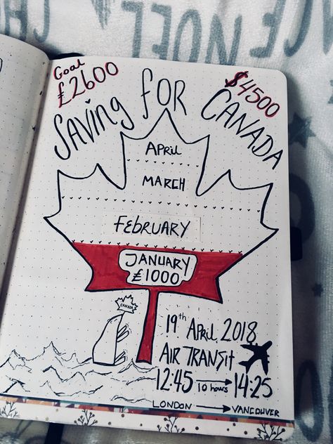 Saving/money tracking for Canada page bullet journal 2018 Bullet Journal Canada, Bujo Collections, Page Bullet Journal, Flag Drawing, Bullet Journal Design Ideas, Diary Ideas, Dream Journal, Journal Inspo, Bullet Journal Inspo