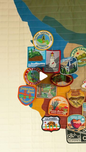 The Sorry Girls on Instagram: "when the box of travel patches collecting dust in your closet becomes an amazing piece of wall art 😬🗺️✨ 

#patches #travel #quilt #tapestry #diy #homedecor #interiordesign" The Sorry Girls, Patches Display, Olympic National Park Washington, Joshua Tree California, Travel Patches, Patch Quilt, Joshua Tree, Travel Memories, Embroidered Patches