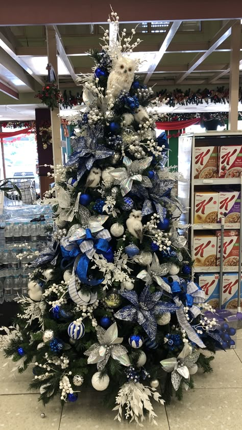 Navy Xmas Tree, Navy Blue Silver And White Christmas Tree, Navy Blue And Silver Christmas Tree Ideas, Blue Christmas Tree Theme, Blue Xmas Tree, Blue Christmas Theme, Blue Christmas Trees, White And Silver Christmas, Christmas Tree Blue